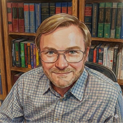 Illustrated headshot of Adam Sneed with a bookshelf background